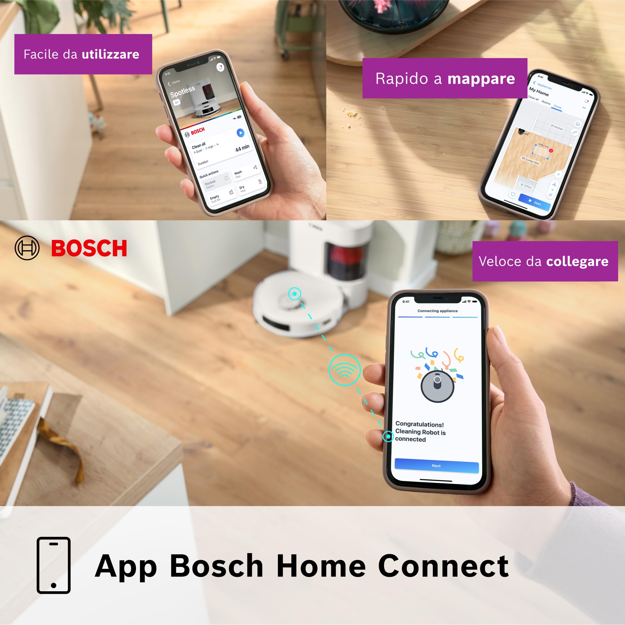 Bosch Spotless+Robot Aspirapolvere e Lavapavimenti,Potenza 11.000Pa,Panno Lavapavimenti Statico,Stazione di ricarica con autosvuotamento,Navigazione Infrarossi Smart Vision,AppBosch HomeConnect,Bianco
