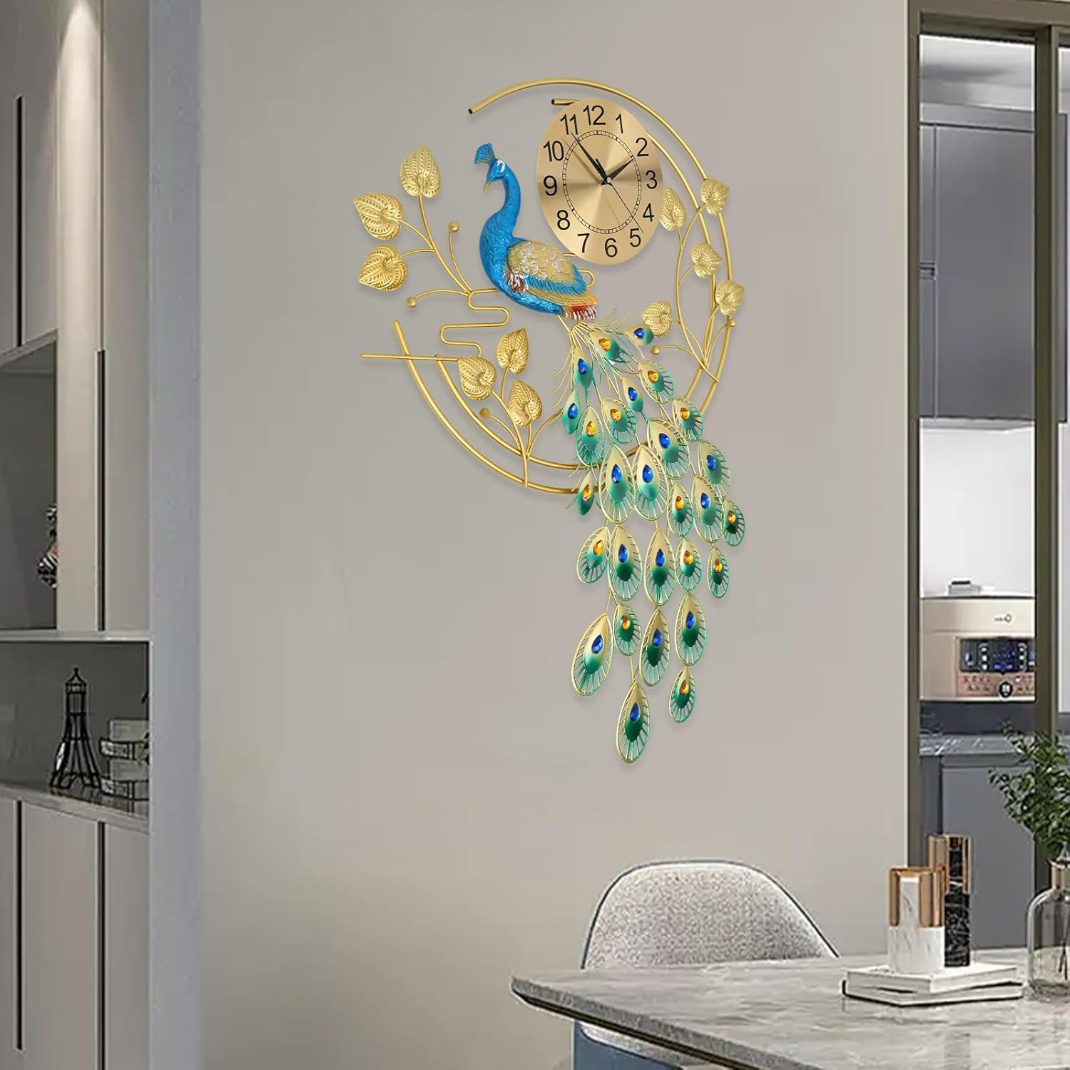 36.6 Inch Large Peacock Wall Clock, 3D Metal Non-Ticking Silent Peacock Wall Clocks, Large Hanging Wall Clock Digital Wall Watch Clock for Living Room Bedroom Office