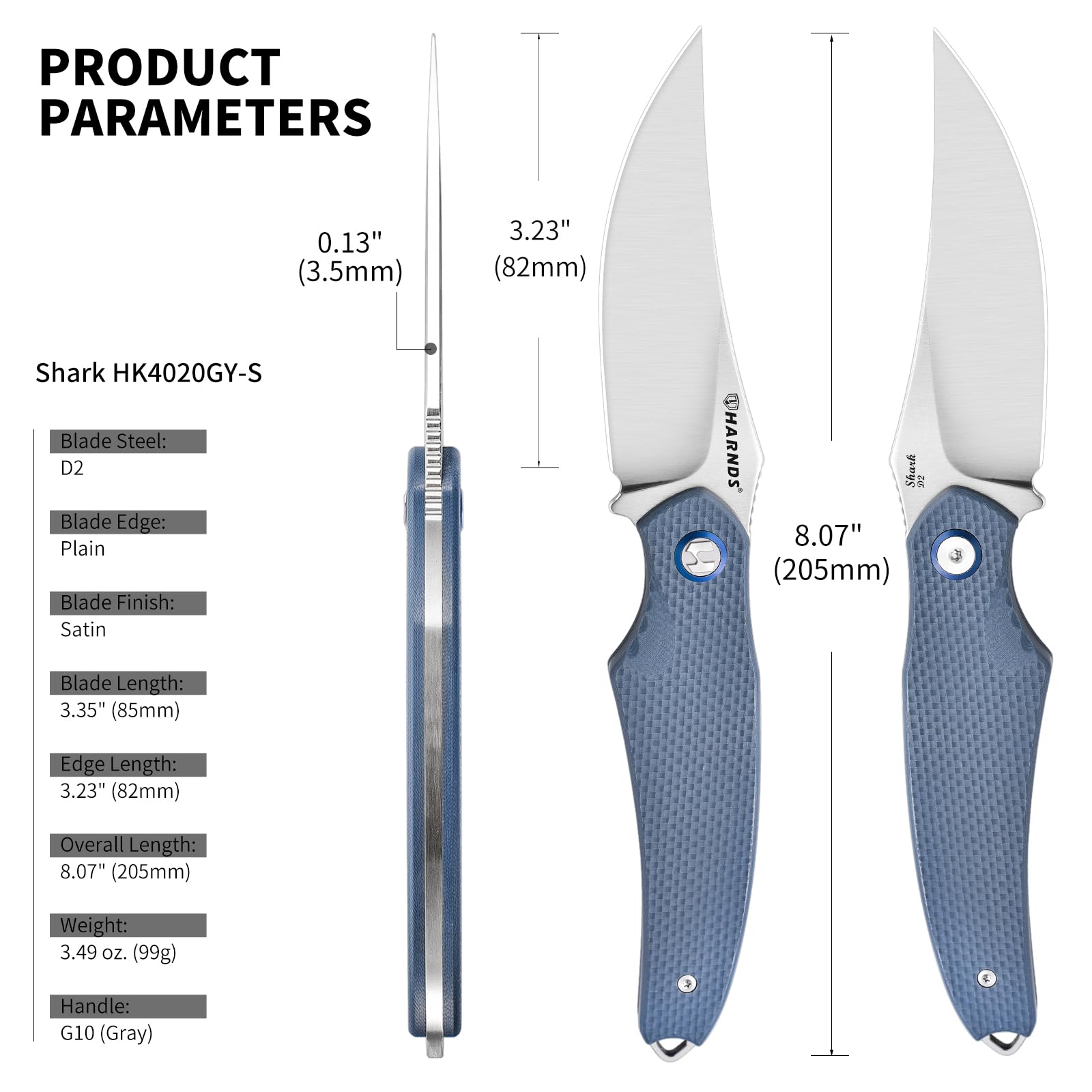 Harnds Tiburón Cuchillo de Hoja Fija para Outdoor con Funda Kydex Hoja de Acero D2 Ideal Cuchillo de Camping Cuchillo de Supervivencia Premium Cuchillo Bushcraft (Gris - Satín)