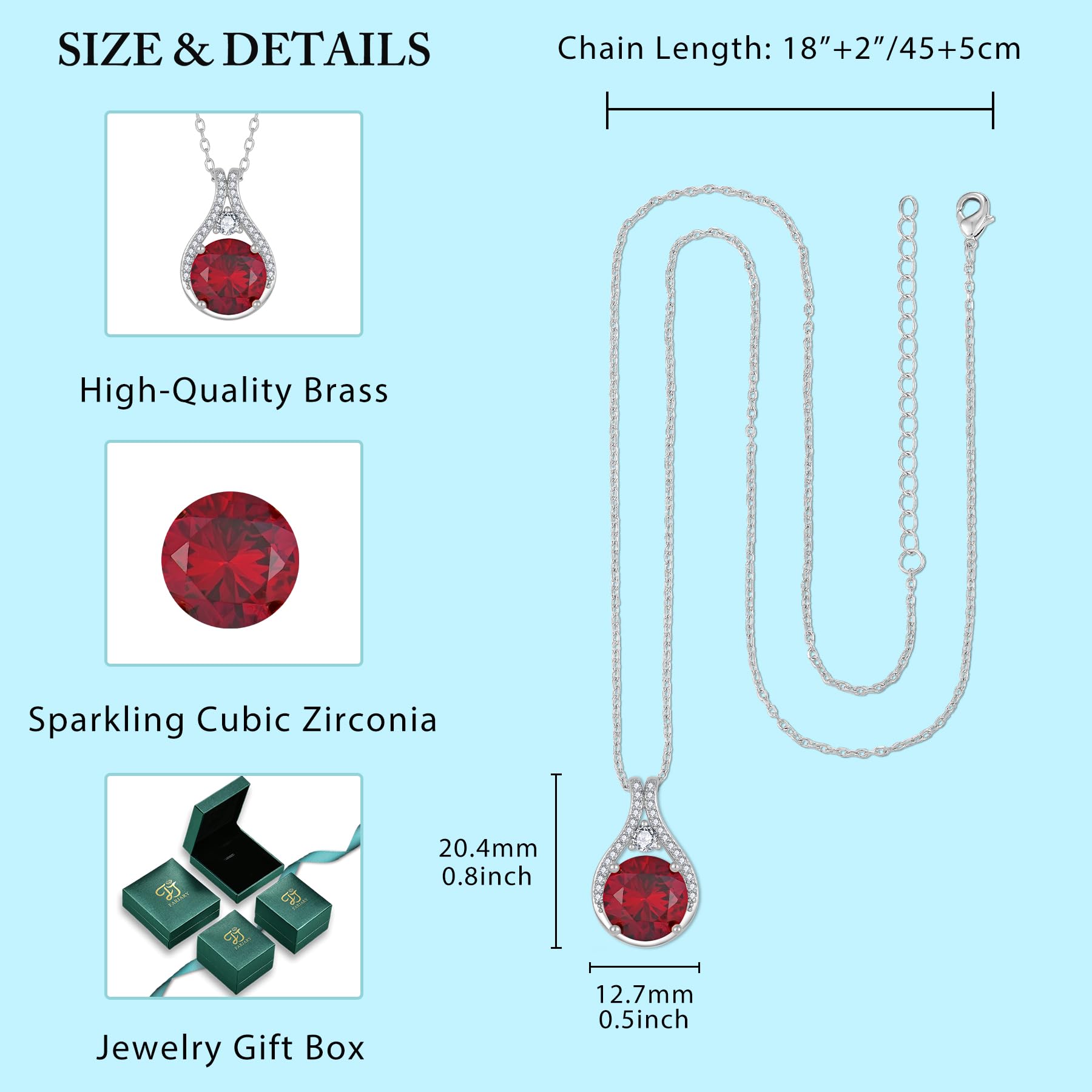 FJ Geburtsstein Kette Damen Silberfarben Messing Rundschliff Halskette Anhänger Schmuck Geschenk für Frauen