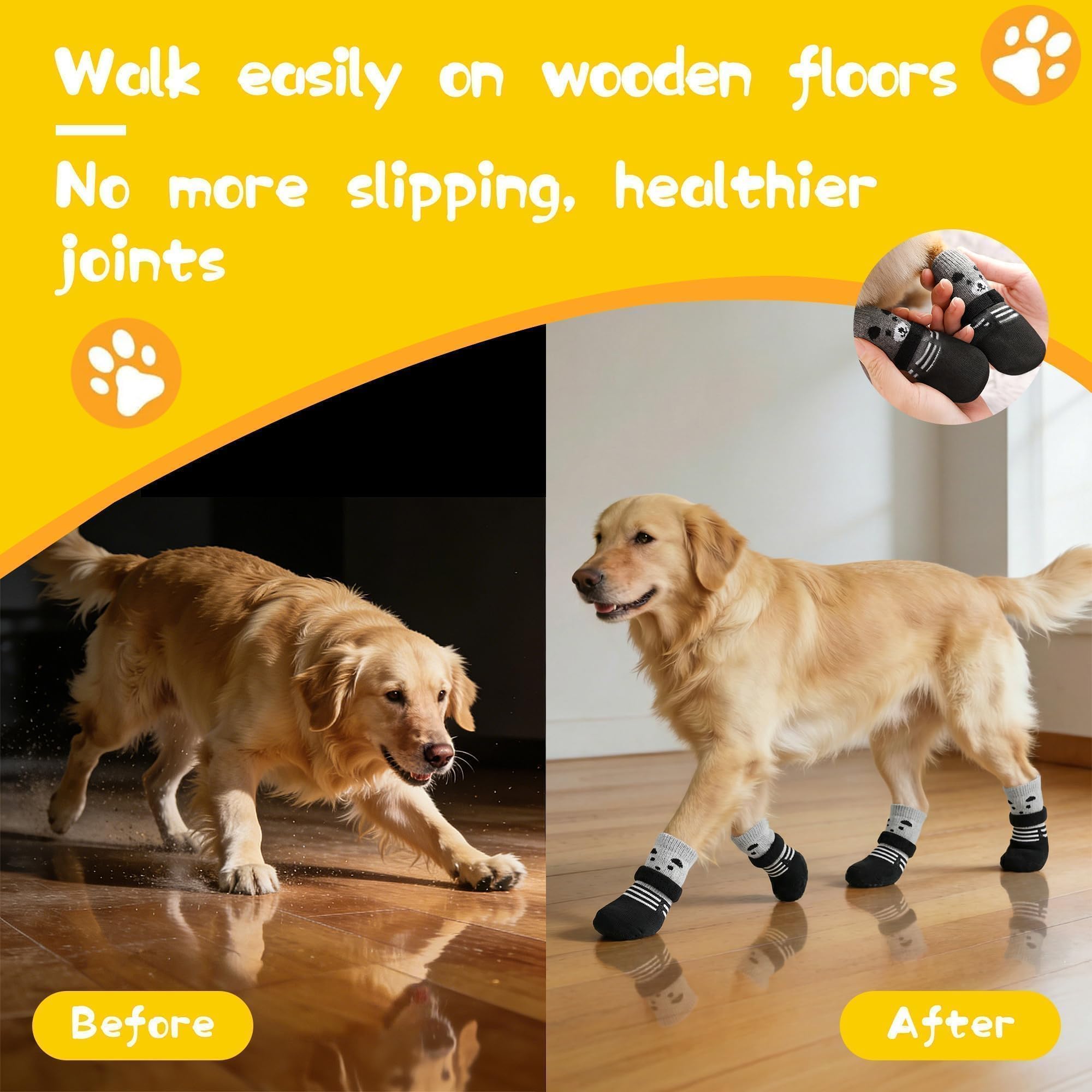 Chaussettes pour Chien Taille M, Chaussons Antidérapants avec Velcro Réglable, Protection des Pattes pour Chien, pour Petit Chien de 4 à 6 kg, Intérieur et Courtes Sorties, Noir, Lot de 4