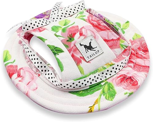 Miniatura 10 de YAODHAOD Gorra de princesa de ala redonda para mascotas, gorra de protección solar porosa transpirable con agujeros para las orejas y correa