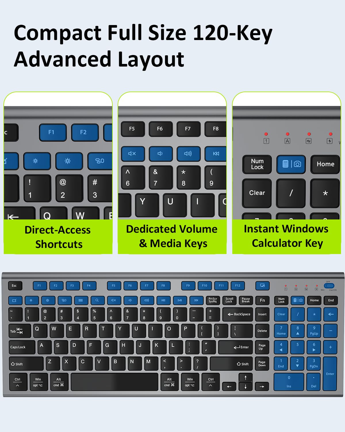 FENIFOX Wireless Silent Keyboard, Ultra Quiet USB C Low Profile Compact Full Size with Number Pad Flat Slim Thin Soft Touch for Mac Computer MacBook iMac PC Laptop Desktop Office (Black and Grey) - 5