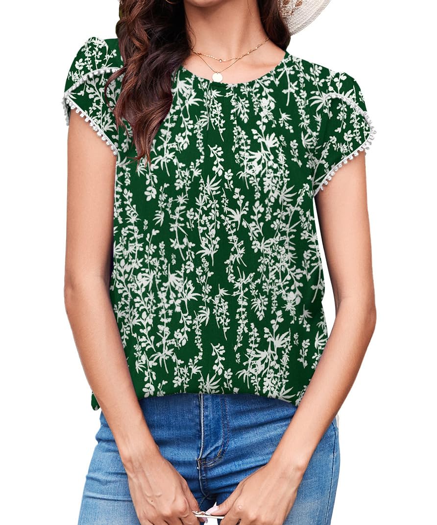 TASAMO Woman Shirts Basic Chiffon Round Neck Keyhole Back Pleated Casual Cap Sleeves Tee