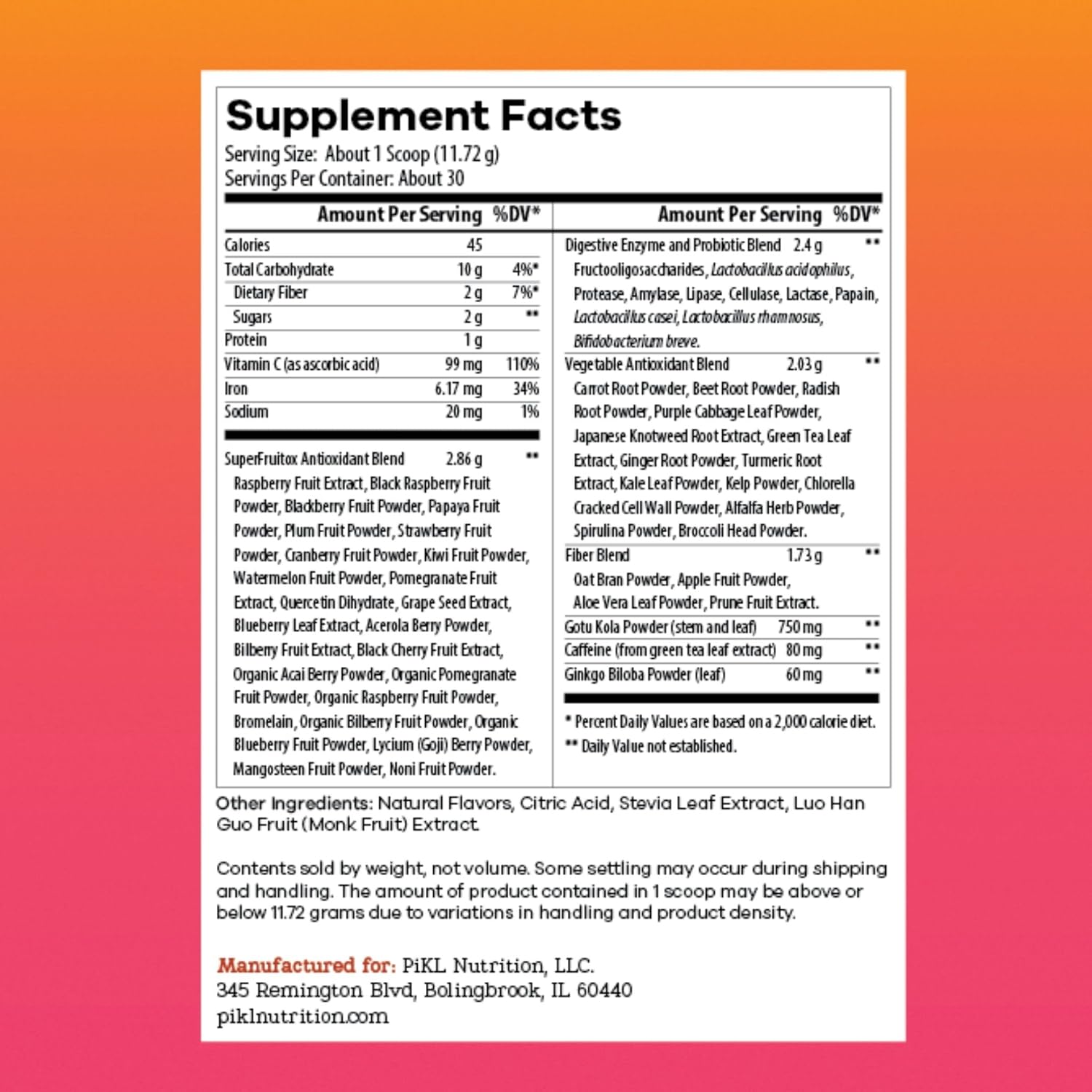 PiKL-Nutrition, LLC Pre Natural Energy Drink Mix for Pickleball | Clean Focus, Antioxidants & Probiotics | Healthy Energy Powder | 30 Servings (Tropical Punch)