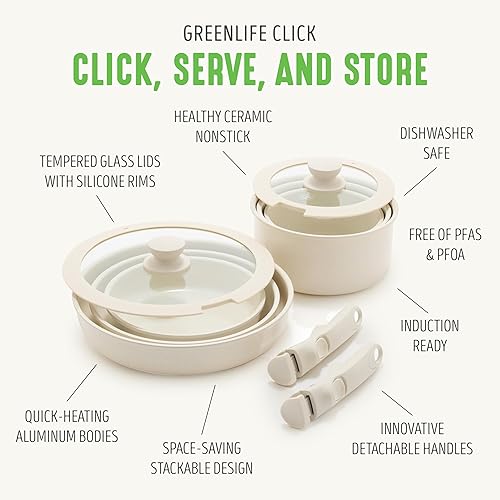 Miniatura 8 de GreenLife Juego de ollas y sartenes antiadherentes de 10 piezas, mango desmontable y juego de utensilios de cocina apilables, sartenes de cocina no