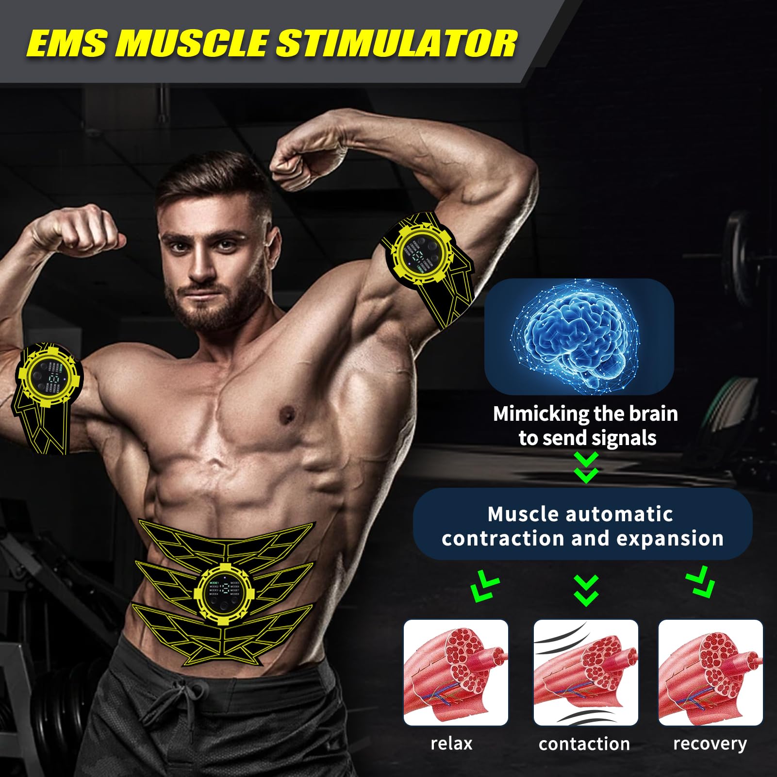 Elettrostimolatore Muscolare Addominali, Elettrostimolatore per Addominali, Elettrostimolatore per Un Allenamento a Tutto Corpo, 8 modalità e 15 Intensità, 10 Ricambi di Idrogel （Giallo）