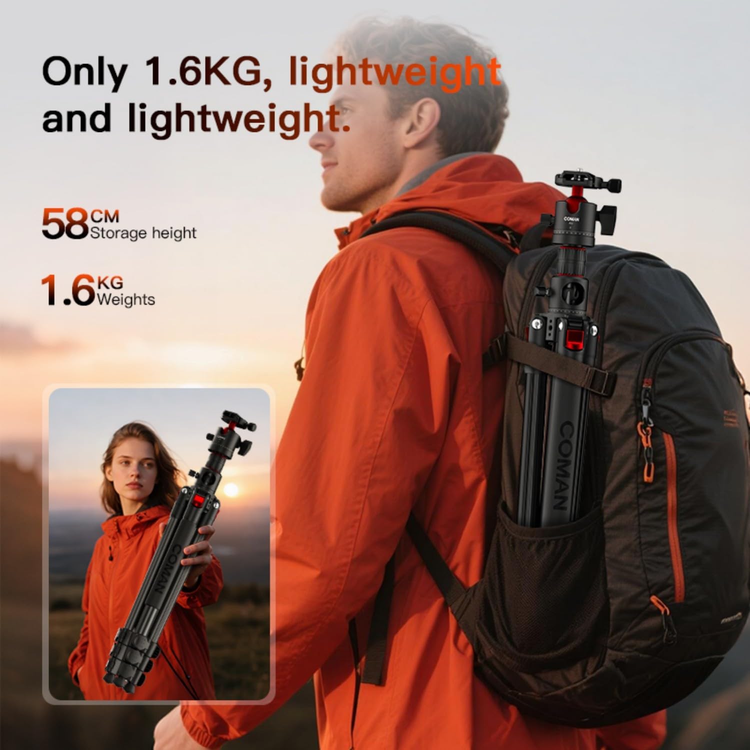 COMAN 72" Overhead Tripod, Camera Tripod with Center Column and 360 Degree Ball Head, Detachable Monopod with Arca QR Plate, Horizontal Tripod for Camera, DSLR, Max Load 11 lbs