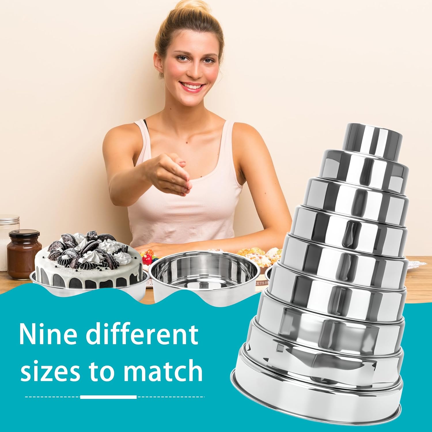 9 Pcs Cake Pans Stainless Steel 4 Inch 6 Inch 7 Inch 8 Inch 9 Inch 9½ Inch 10 Inch 11 Inch 12 Inch Round Baking Layer Pan Tins for for Tier Smash Cakes Birthday Dishwasher Safe