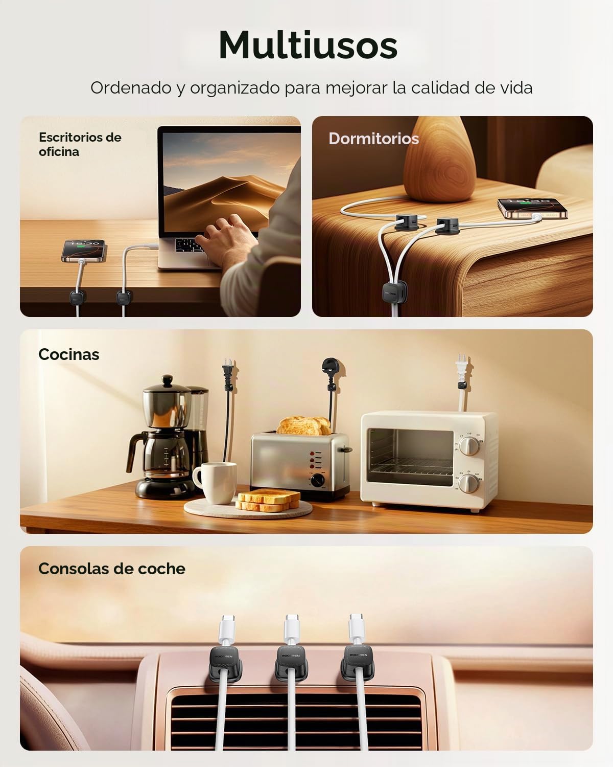 Rocoren 30 Pack Clips Magnéticos para Cables, Soporte Organizador de Cables Adhesivo para el Hogar la Oficina, el Escritorio el teléfono el Coche la Pared el Escritorio la Mesita de Noche (Negro)