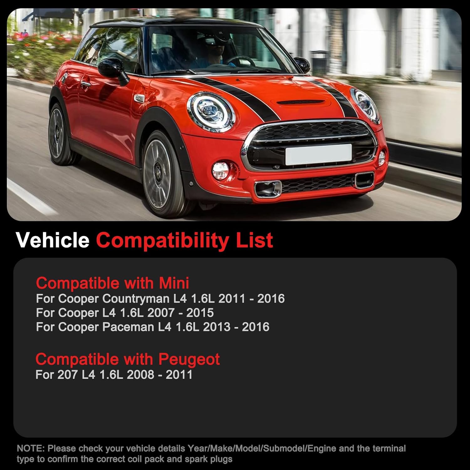 Ignition Coils Pack UF598 Fits for Mini Cooper 2007-2016, Countryman 2011-2016, Paceman 2013-2016 L4 1.6L, Fits for Peugeot 207 2008-2011, Set of 4