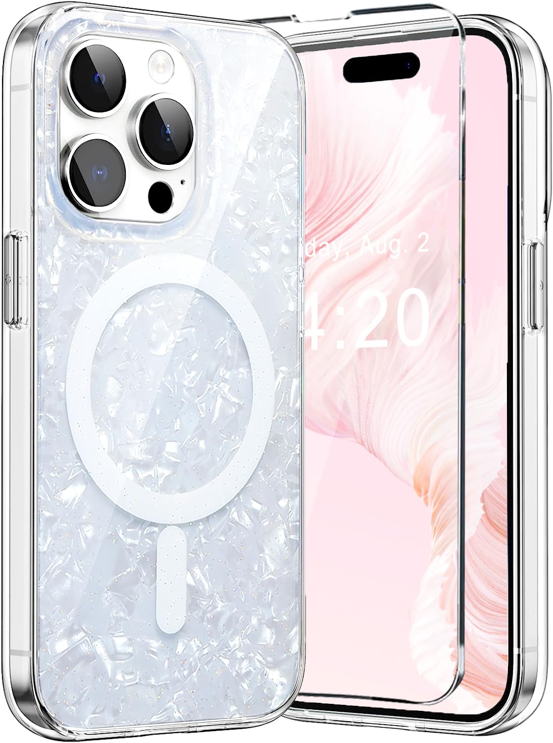 WATEFULL Compatible with iPhone 15 Pro MagSafe Case Opal Pearly for Women Girls, Bling Glitter Iridescrent Magnetic Cover [1 Screen Protector] [10ft