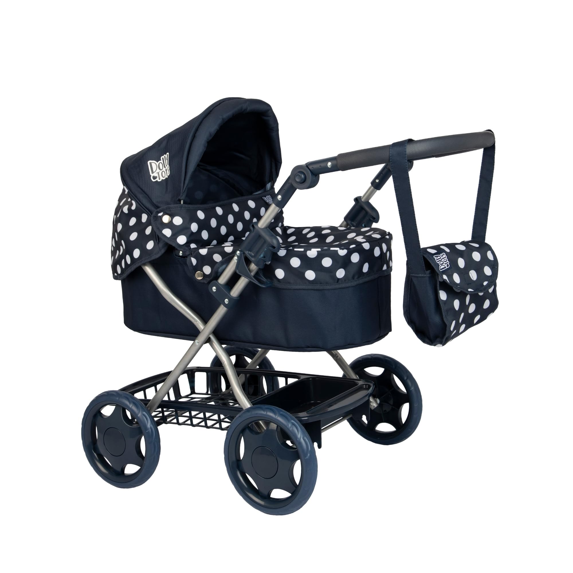 Dolly Tots Cherish Dolls Pram | Navy & White, Adjustable Handle & Hood, Fold Flat Design, Includes Matching Changing Bag, Removable Apron & Under Seat Storage | Toy Pram for Kids Role Play | 3+