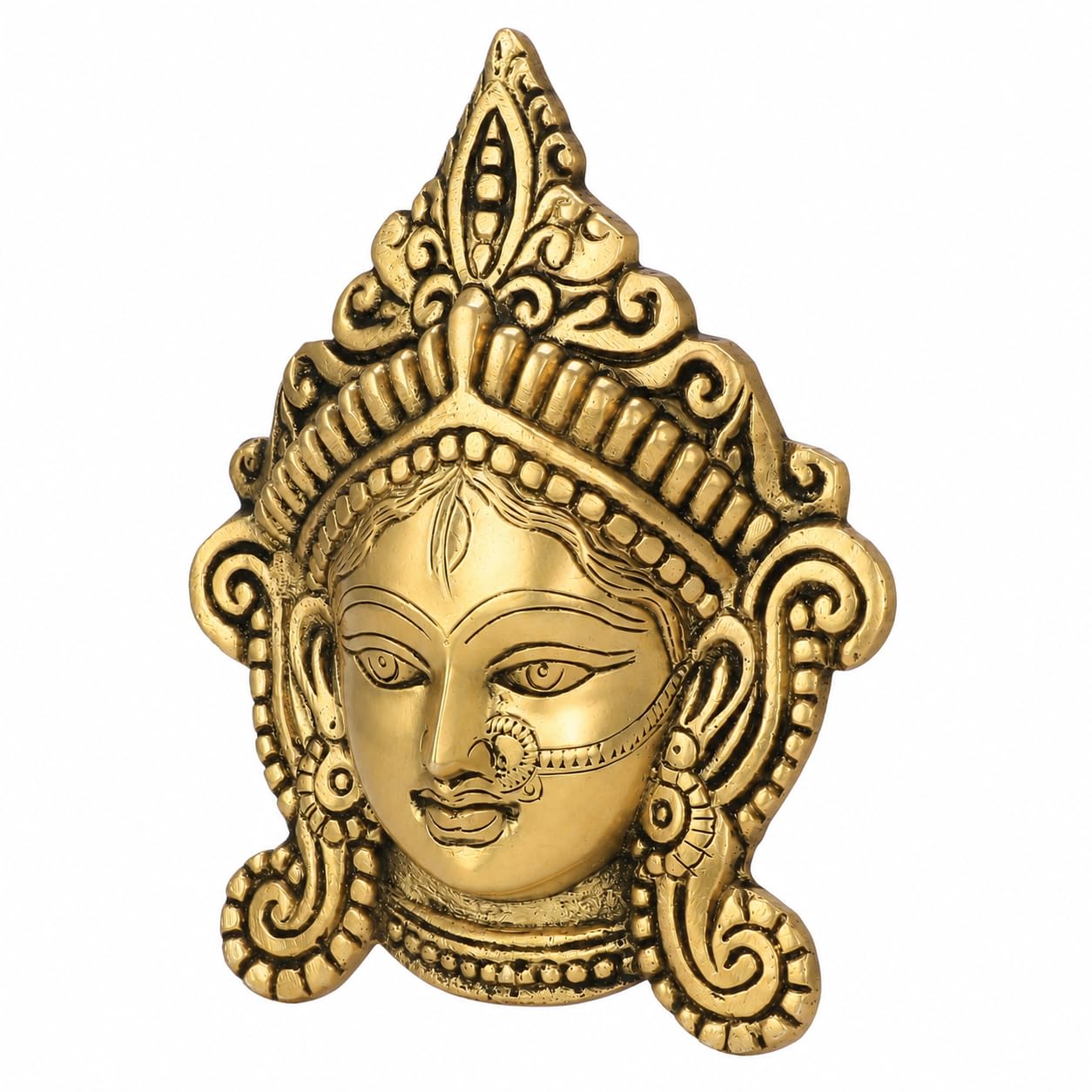 Kartique Mosiężna Durga Maa maska na twarz idol statuetka do biura dekoracja domu uchwyt ścienny wiszący ochrona złego oka Puja antyczny złoty kolor 15 cm