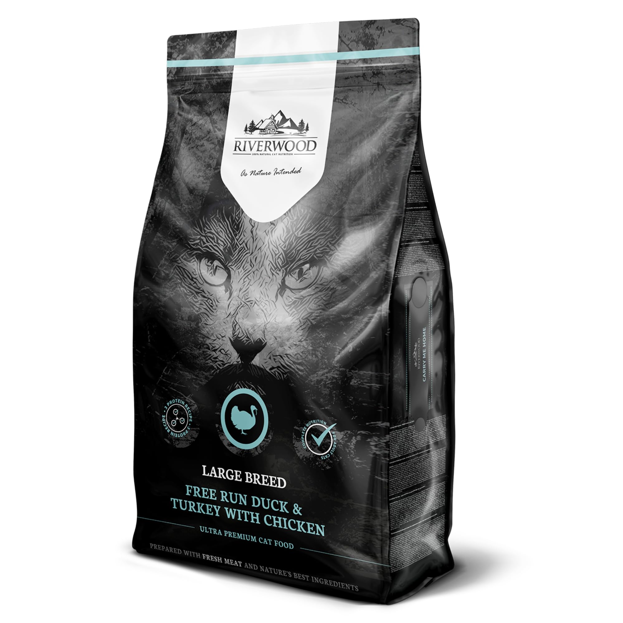 Riverwood Large Breed Katzenfutter | Ente & Truthahn mit Huhn | Ultra Premium Getreidefreies Trockenfutter | Hoher Fleischanteil | für Erwachsene Katzen großer Rassen