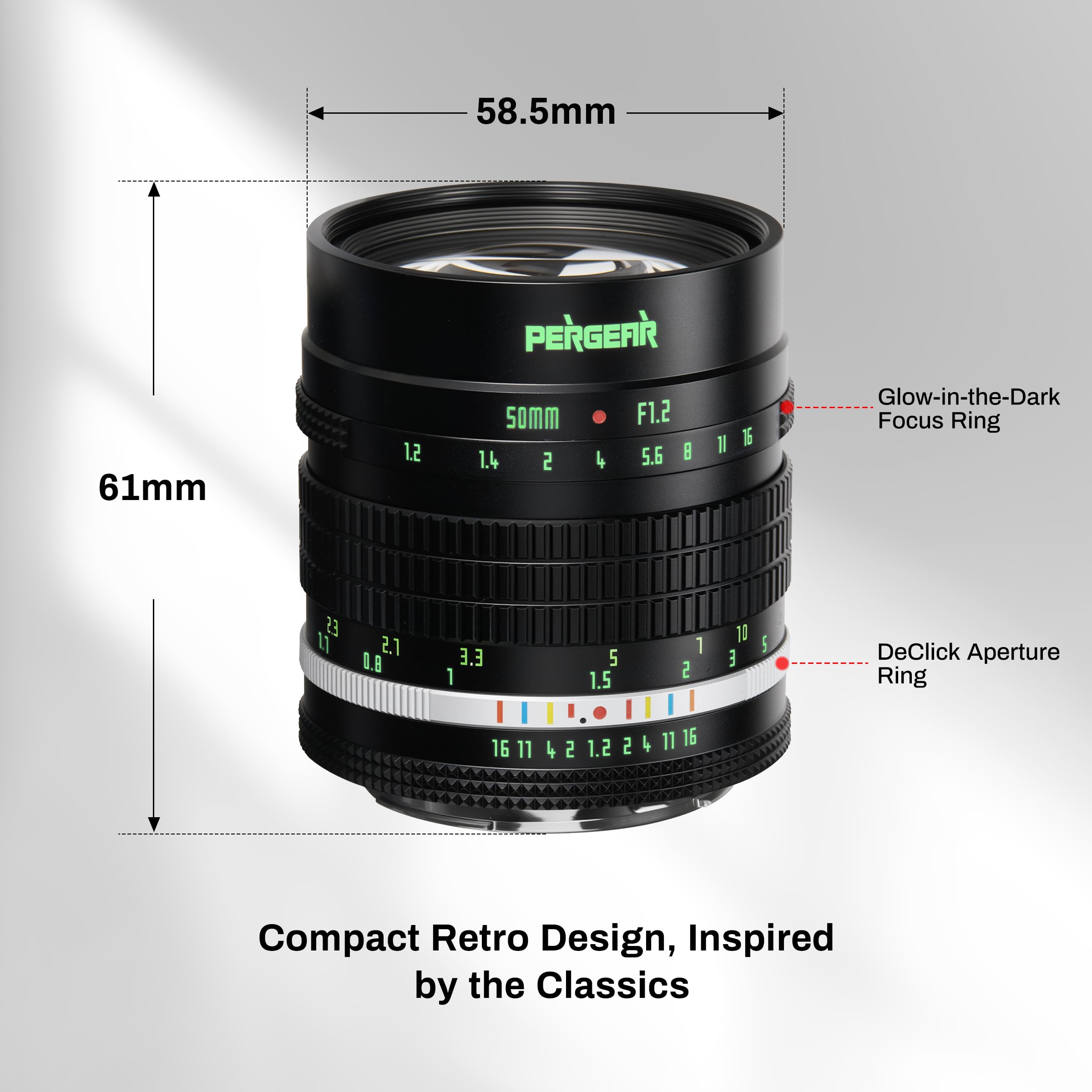 Pergear 50 mm F1.2 APS-C obiettivo a messa a fuoco manuale per fotocamera M43, Luminous Edition F1.2, ampia apertura focale equivalente 75 mm, sistema di apertura DeClick, design compatto retrò (nero)