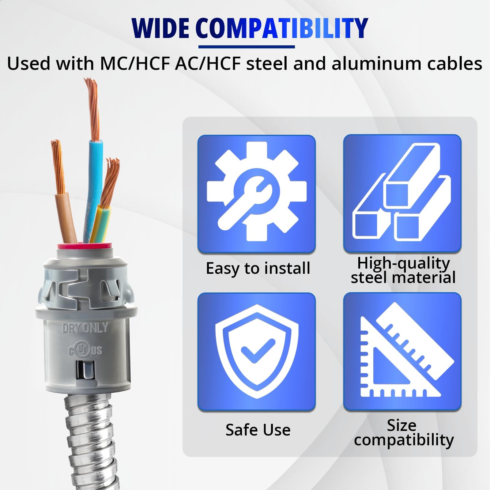 MAKERELE Conector de cable recubierto de metal a presión de 3/8 pulgadas, accesorio de conducto eléctrico de zinc para cable MC/CA de acero y aluminio (paquete de 60)