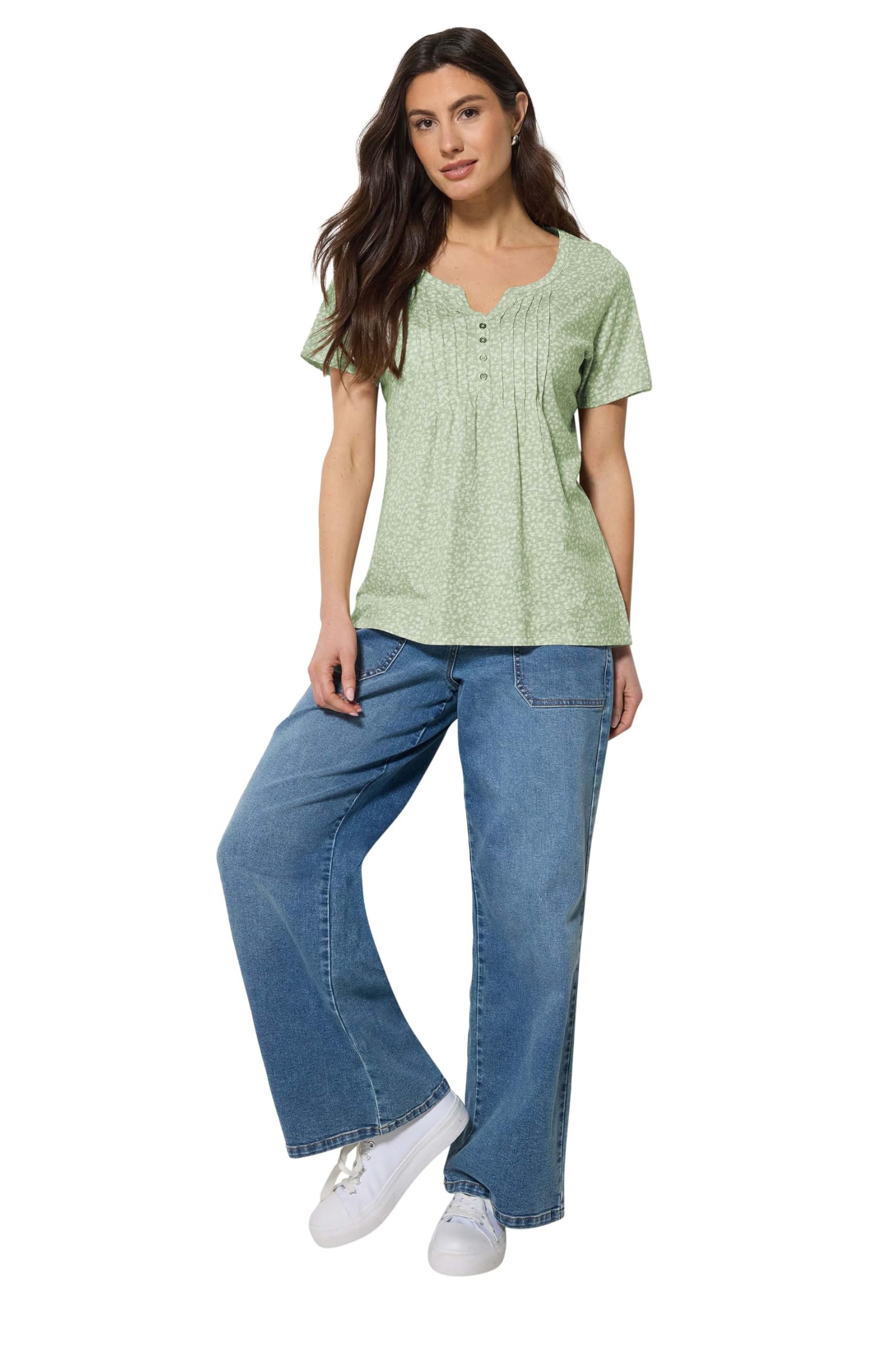 M&Co Women's Light Green Ditsy Floral Cotton Henley Top In | : Size 10