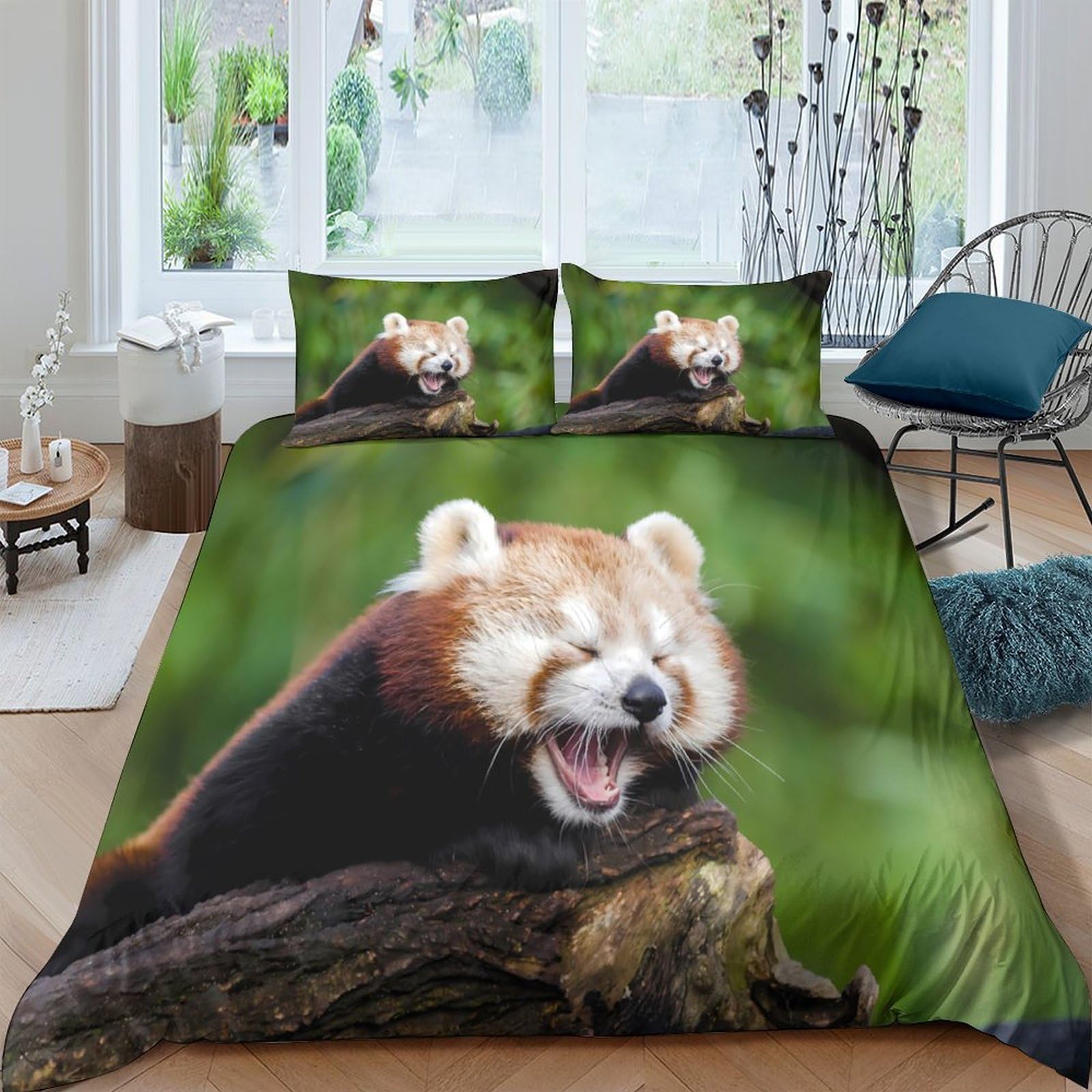 Housse de couette hypoallergénique panda rouge anti-plis pour lit une personne