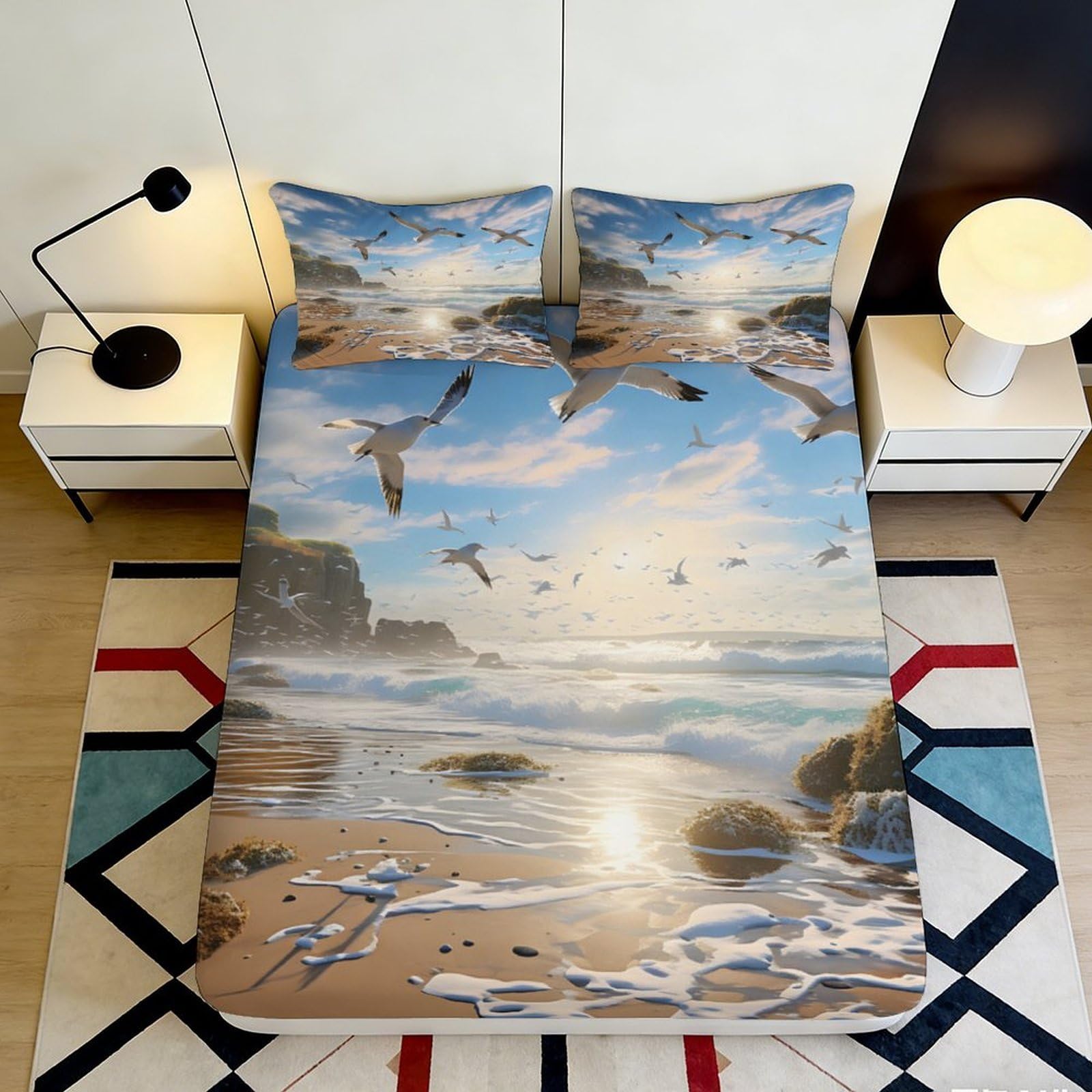 3D Printed Seagulls Beach Fitted Sheet Microfiber Soft Breathable Ocean View Bed Cover for Bedroom Dormitory Guest Room Mattress Protection Decor 160x200x25cm