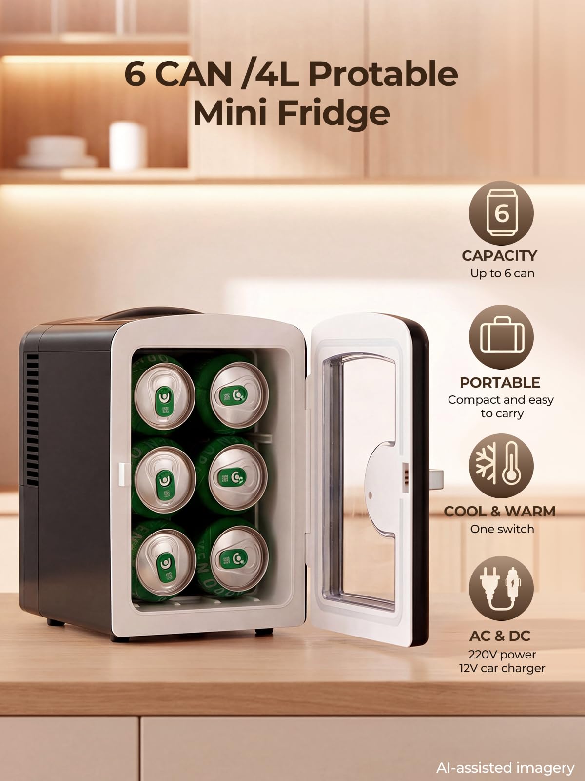 FOHERE Mini frigo da Camera, 4L Frigorifero Piccolo, 220V CA/12V CC, Raffreddamento e Riscaldamento, Nero