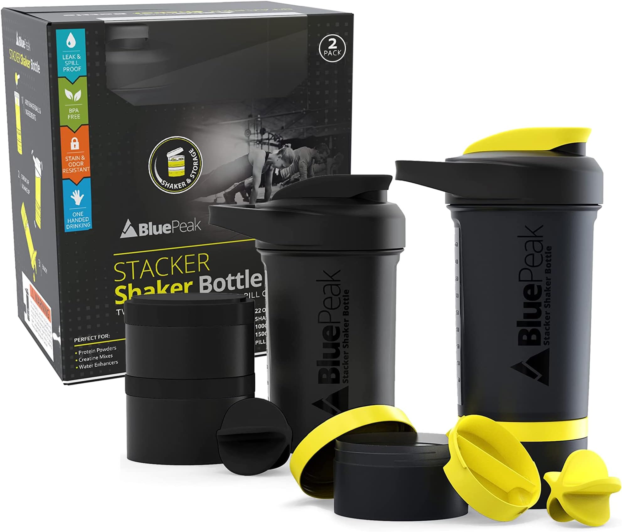 BluePeak Stacker Protein Shaker Bottle 22-Ounce, 2-Pack ProStak. Attachable Storage Containers (100 & 150cc) and Pill Tray Included. BPA Free (Black &Yellow)