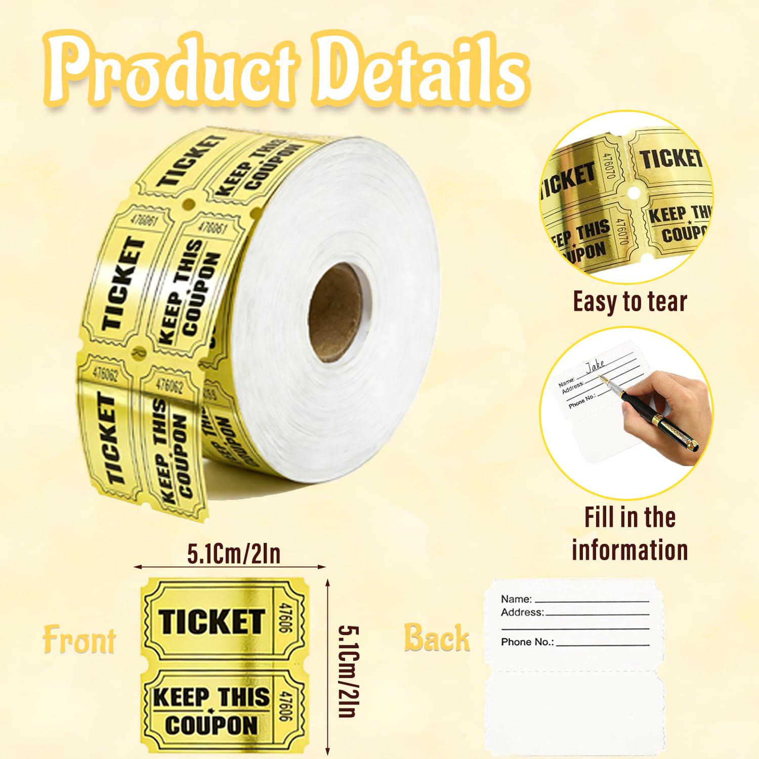 Photo 1 of 1000 Pcs Golden Raffle Tickets Double Roll Metallic Gold Foil Raffle Tickets with Unique Numbered for Events Carnival Door Prize Auction Entry Games Reward