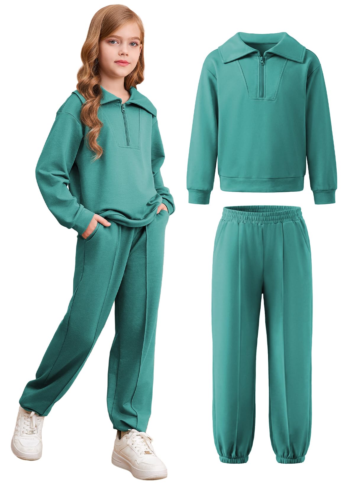 Girls Fall Outfits Quarter Zip Pullover Jogger Sweatsuit Sets Size 6-15
