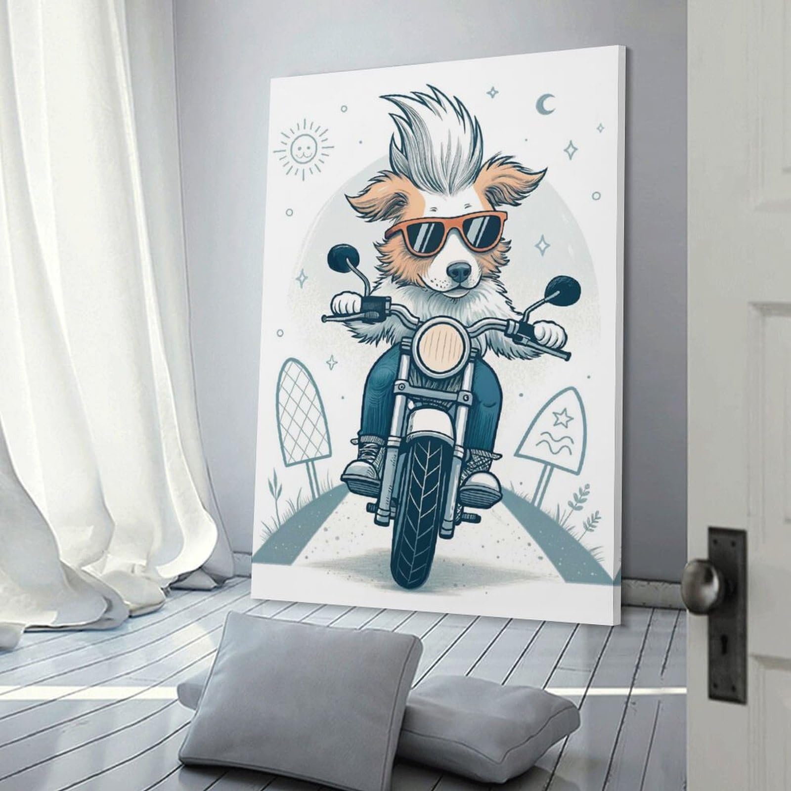Junmoney Cool Dog Riding Motorcycle Illustration Canvas Wall Decor, 20x30inch(50x75cm), for Gallery Wall Decor And Room Displays, Wall Decor Suited to Curated Displays