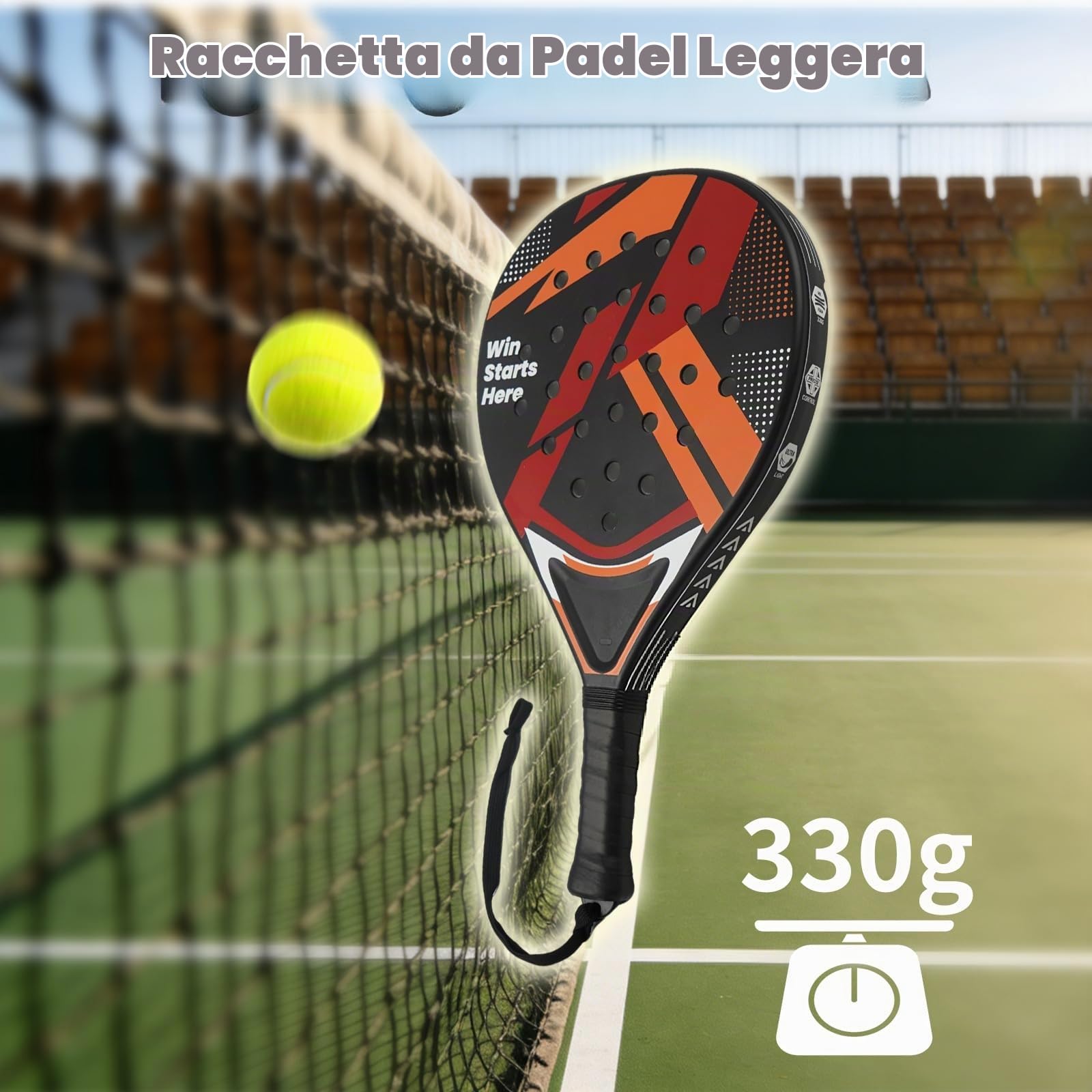 Raquette de Padel per Principianti Racchetta Padel Leggera 330 g Superficie ABS Impugnatura Antiscivolo Laccio di Sicurezza Regolabile Ideale per Allenamento e Partite