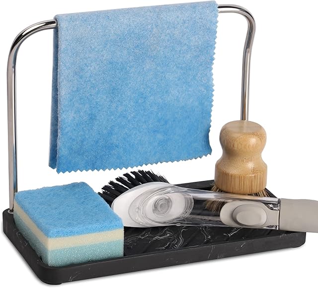 ZCCZ Sink Tidy, Sponge Holder Dishcloth Hanger, Kitchen Sink Caddy Rack Tray Organizer Stand for Sponge, Dish Cloth, Rag, Brush, Scrubber Storage and Organization, Black