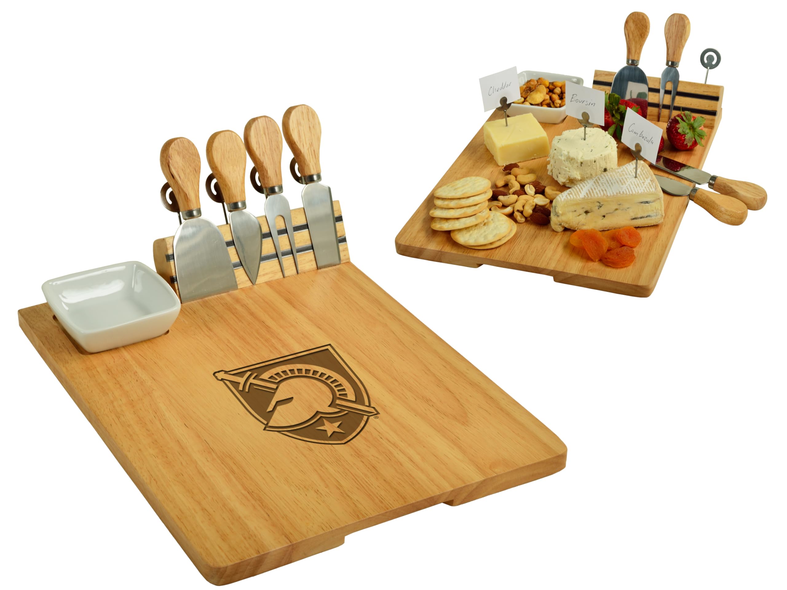 Picnic at Ascot NCAA Army Academy Officially Licensed Black Knights Bamboo Cheese/Charcuterie Board with Ceramic Bowl, Knife Set & cheese Markers