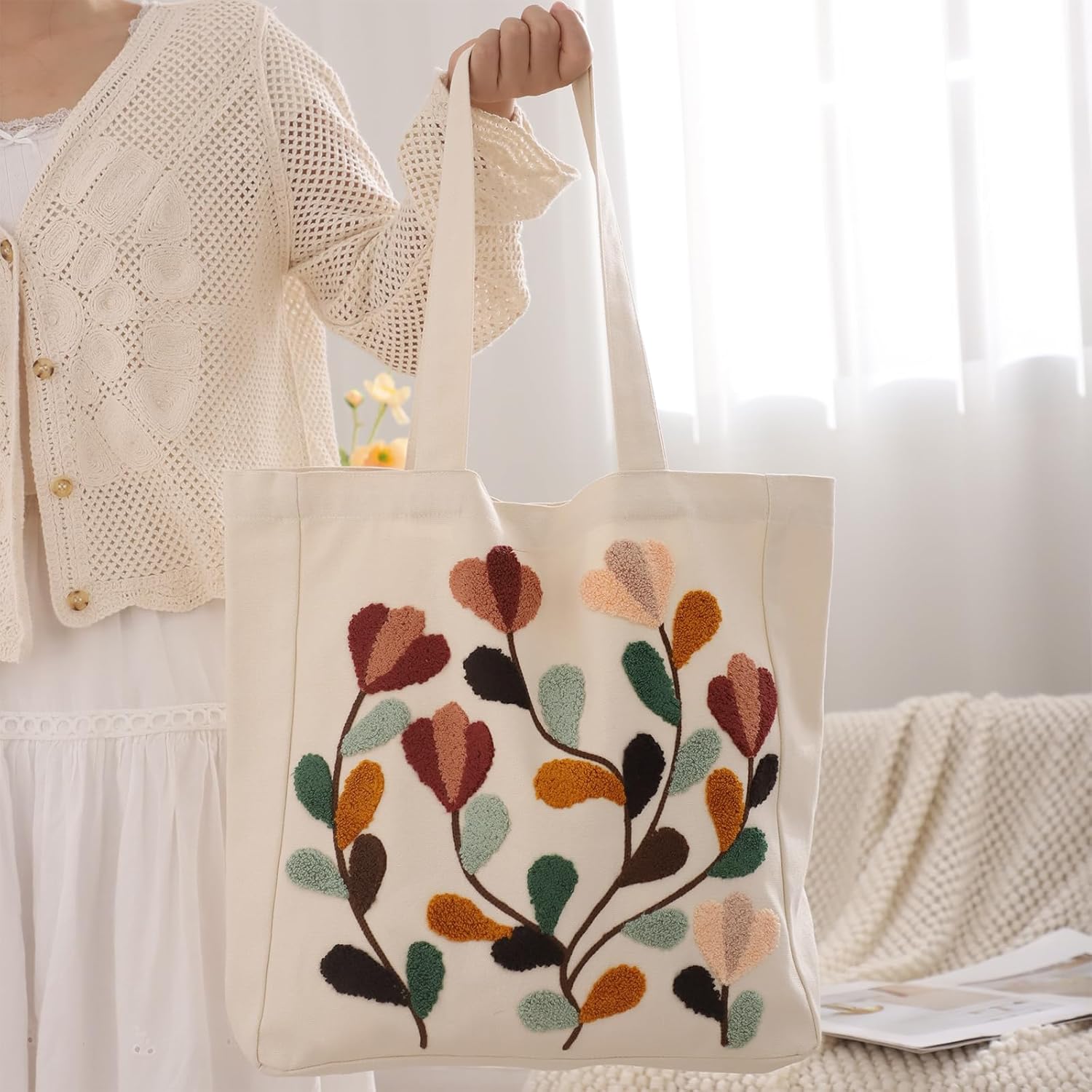 Aesthetic Embroidery Tote Bag for Lady Cute Reusable Canvas Shoulder Bag for Girls Women Shopping Grocery - Image 3