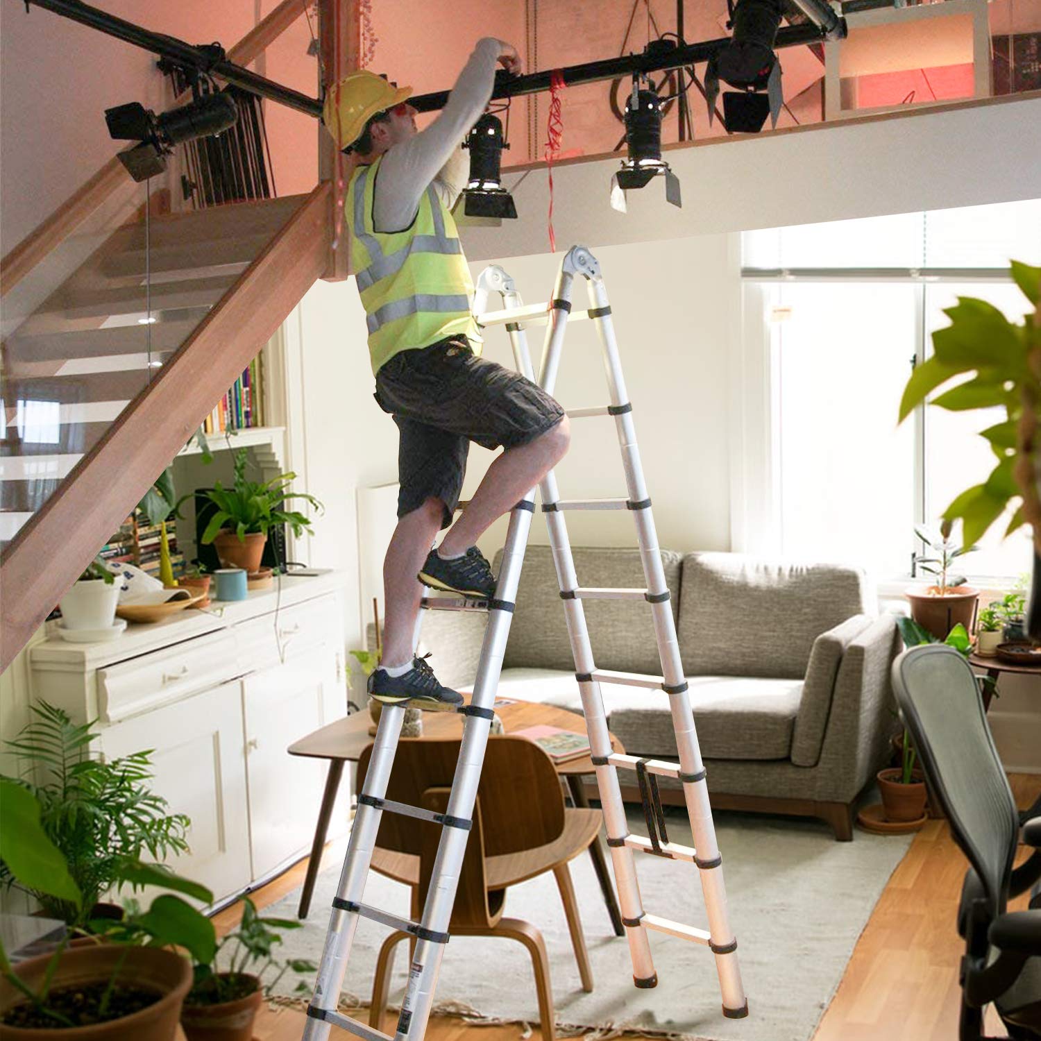 Échelle télescopique en aluminium - 3,8 m - Extensible - Pour escaliers télescopiques - Flexible YXXYSSTL05 Argenté