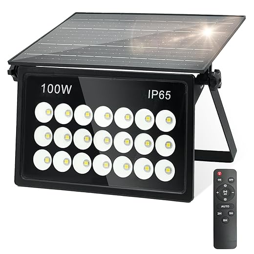 6000mAh Flood Lights Battery Powered, 100W Solar Floodlight, Waterproof IP65 6500K COB White Light, Dusk to Dawn Security Lights with Remote, Timing, 4 Modes for Yard Garden Garage Camping Etc