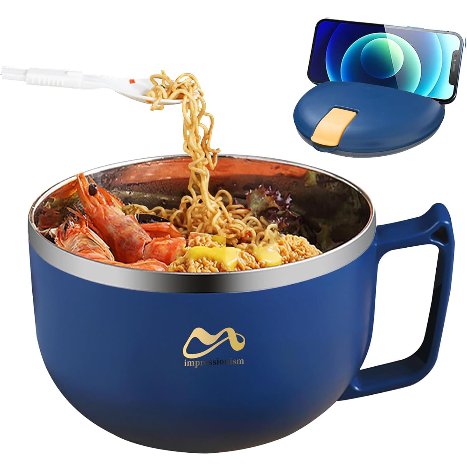 GOMETY Ramen kom met deksel, 1200 ml grote capaciteit, instant noedelkom met timer van 304 roestvrij staal, pastakommen, instant noedelschaal voor noedels, bento soep, lunch (golf