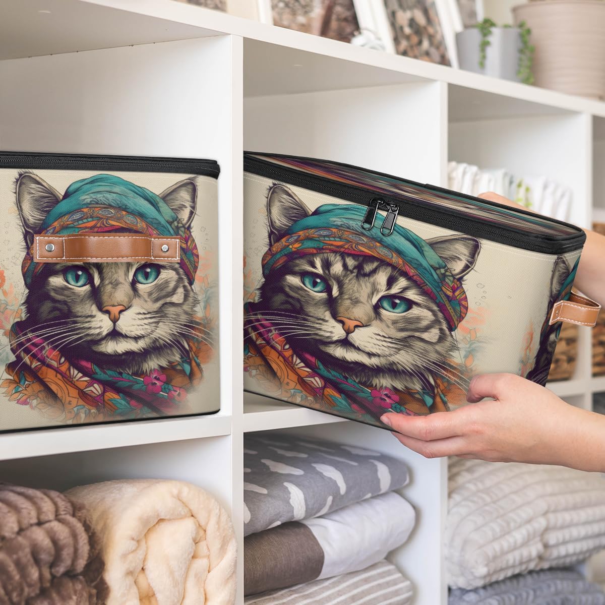 Storage Bin Set of 2 Ethnic Cat Storage Basket with Zipper Lid & Handle Foldable Closet Shelf 2 Pack Cloth Organizer Basket Cube Bins Clothes Organizer for Bedroom, Nursery