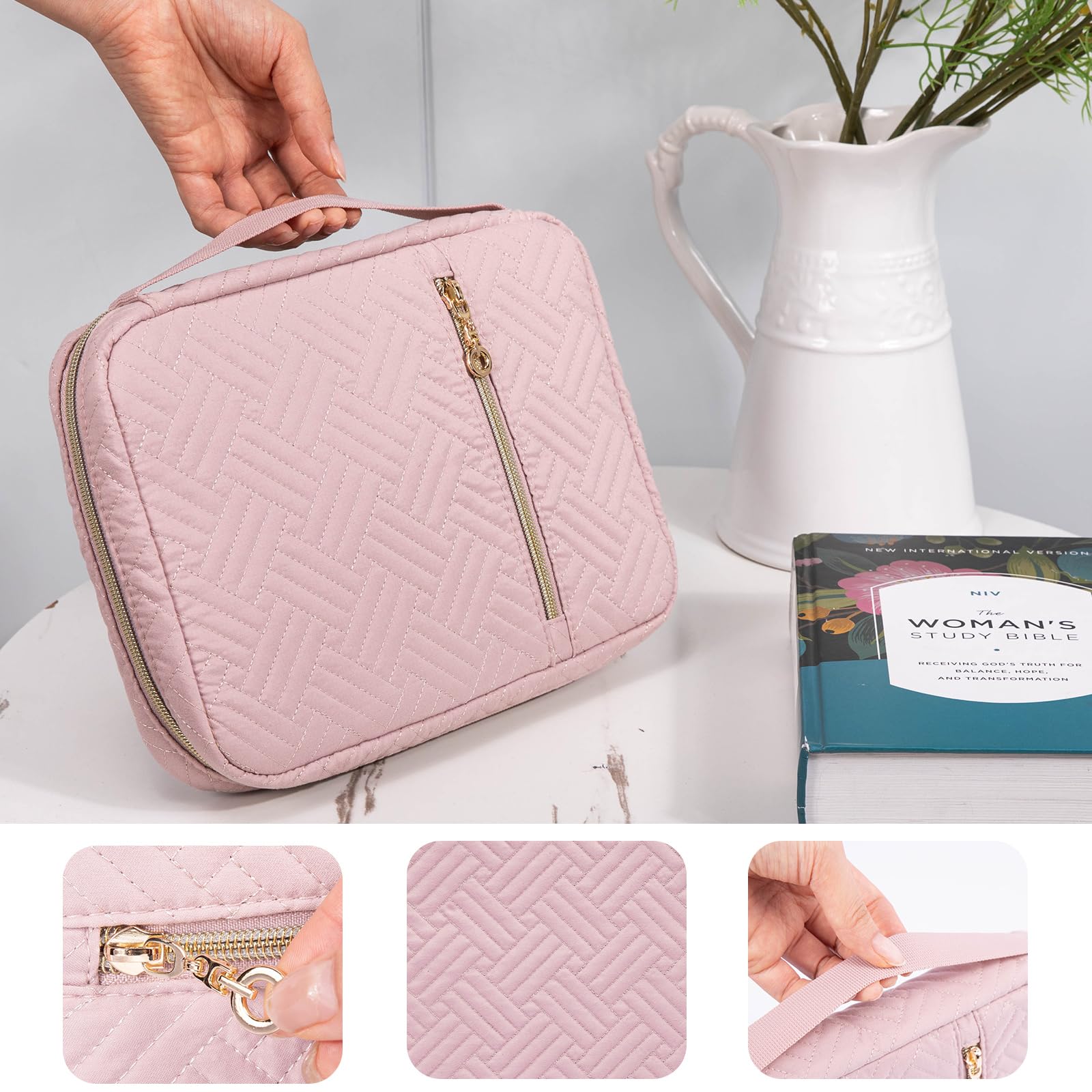 APLUFINE Funda acolchada para la Biblia para mujer, bolsa organizadora con cremallera con funda para suministros de estudio, accesorios y diarios, regalo de transporte de iglesia para niñas, funda de