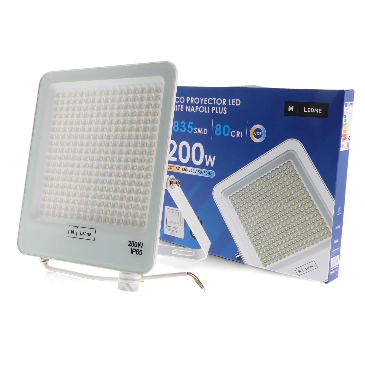 M Ledme - Projecteur LED Napoli Plus Blanc 200W, Protection IP65, Dimmable Lumière Froide à la Lumière Chaude 2700K-6500K, Éclairage Extérieur, Pour utilisation dans les jardins, patio, entrepôts