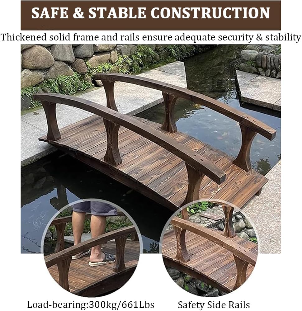 Japanese Style Wooden Garden Bridge, Outdoor Decorative Arched Pedestrian Bridge, Double Handrail Landscape Bridge, Garden Walkway Path Pond Bridge, Length 140/180CM,L140×w60×h48cm
