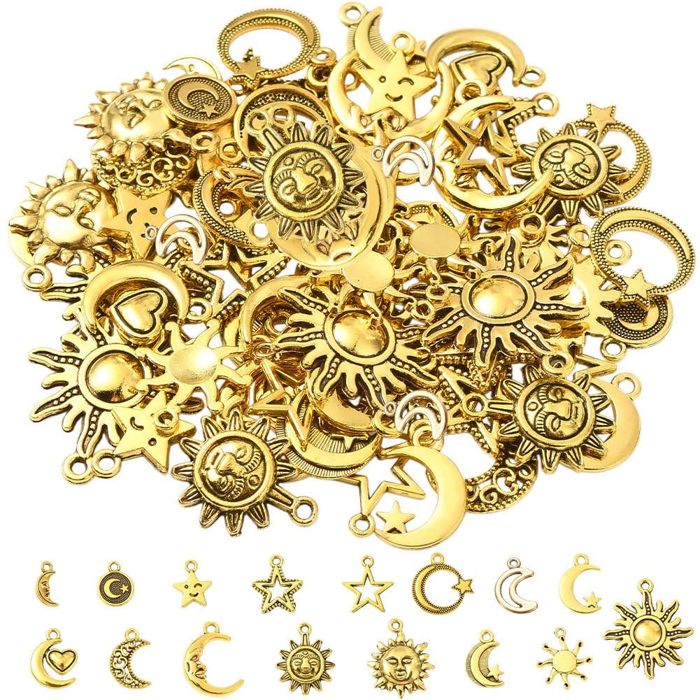 SUNNYCLUE 1 Box 64Pcs 16 Styles Celestial Metal Charms Sun Moon Star Charm Bulk Gold Alloy Vintage Assorted Planet Themed Pendants for Jewellery Making Bracelets Necklace Earring DIY Crafts Findings