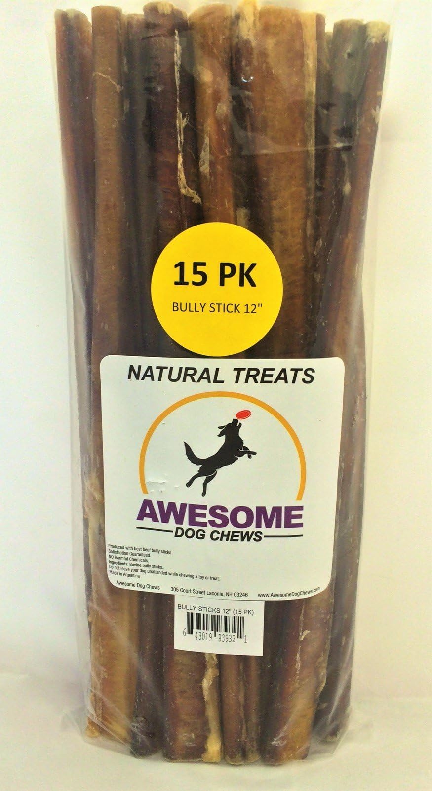 Awesome Dog Chews Bully Sticks 12 Inch All Natural Dog Treat 15 Pack