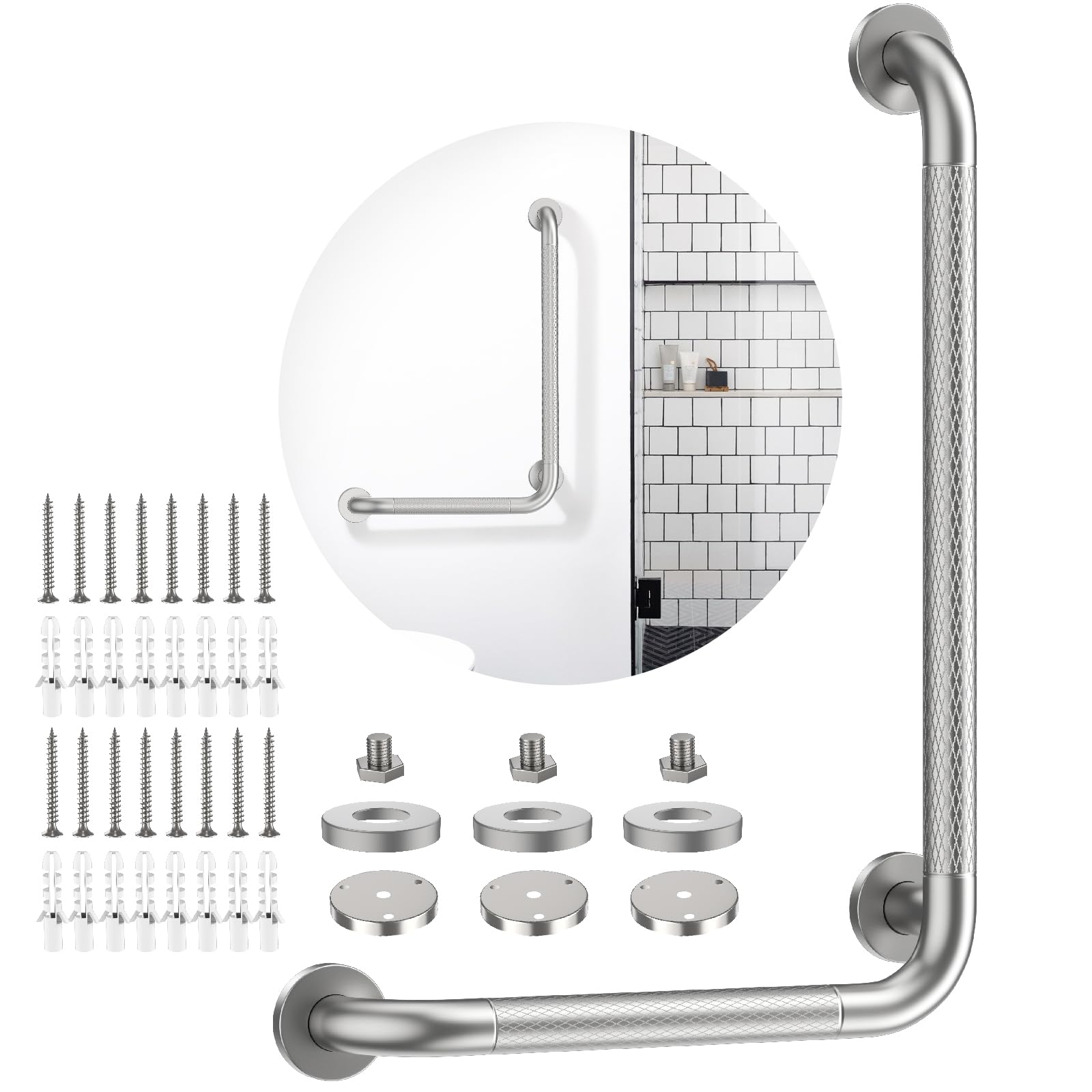Brushed Nickel Angled Grab Bar 16x24 Inch, iHansee Bathroom Safety Bar w/Anti-Slip Knurled Grip, Wall Mount L Shaped Shower Handle for Elderly Senior Handicap, Toilet Bathtub Balance Support Bar