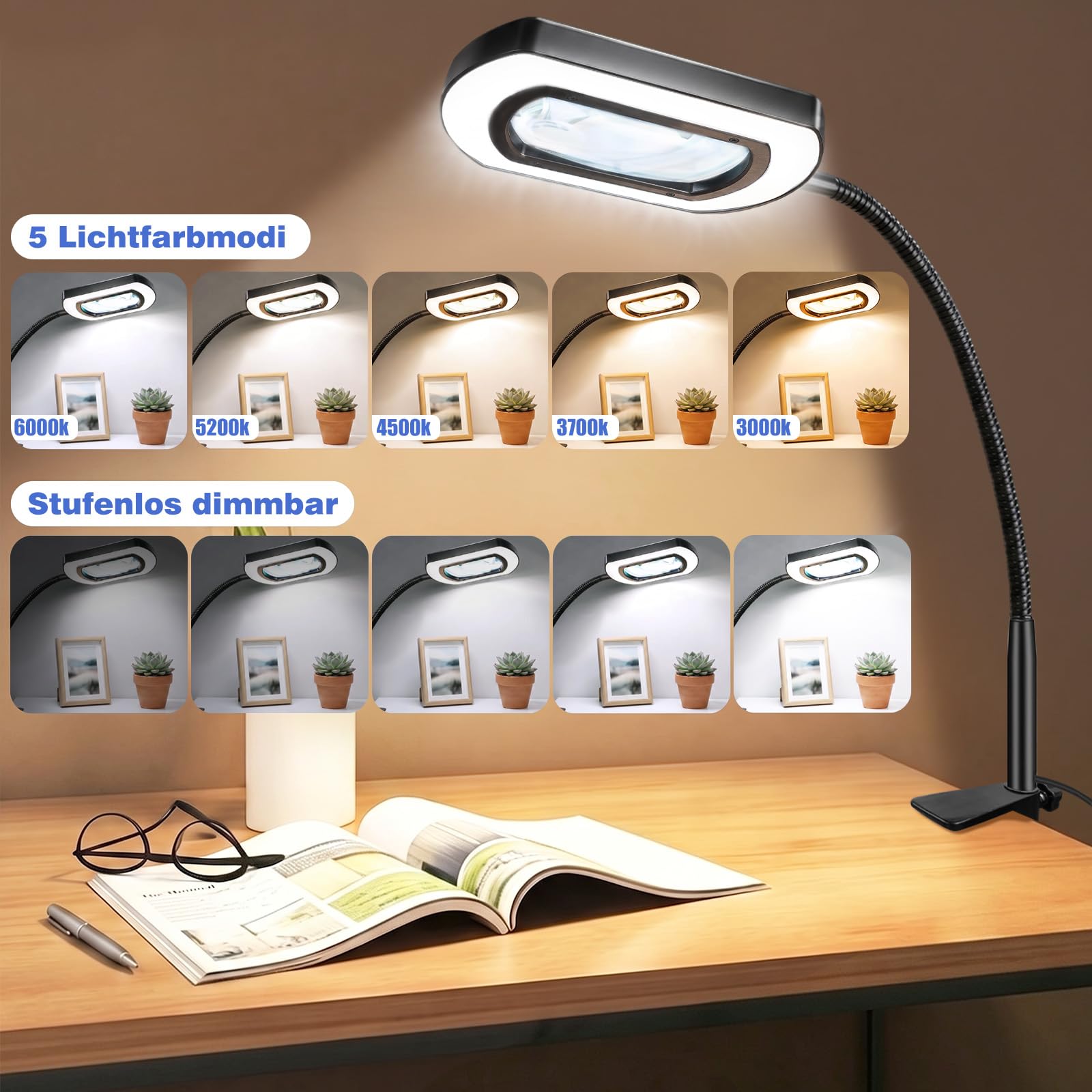 10-fache rechteckige Lupe mit Licht und Ständer & Aluminiumklemme,5 Farbmodi,stufenlos dimmbar,Flexibler Schwanenhals–Diese Lupenlampe ist ideal für Lesen und Diamond Painting