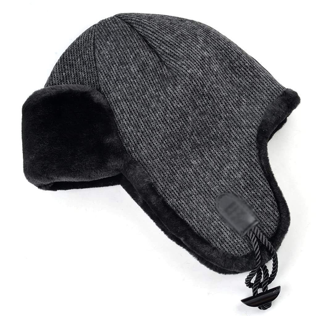FENOKD Solid Color Bomber Hat Men Winter Hats for Women Knitted Cap Thick Warm Ear Bone Snow Caps (Dark Grey 7 3/8)?Dark Grey-7 3/8
