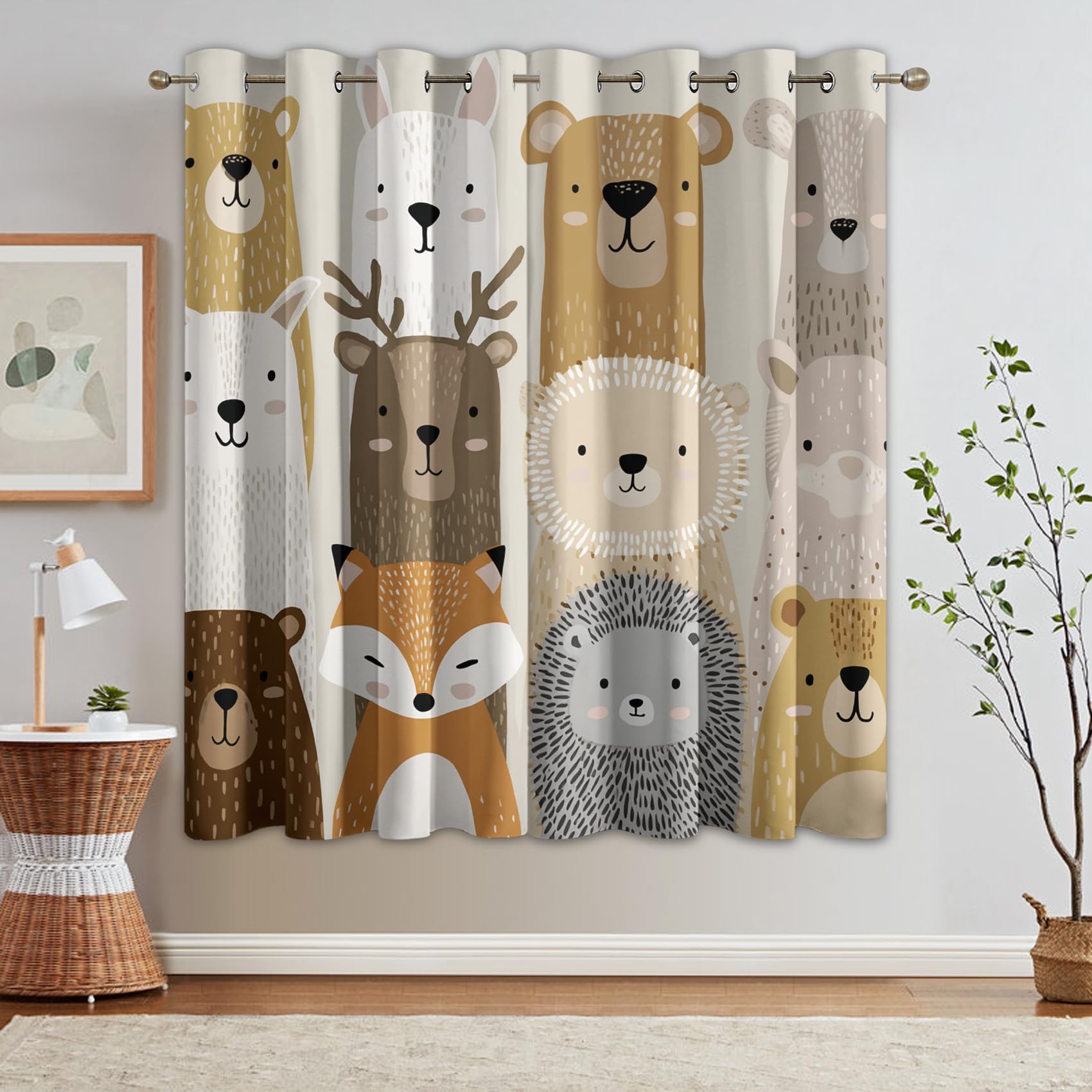 Generisch Cartoon Süße Tiere Vorhänge Blickdicht Gardinen mit Ösen, Kinder Waldtier Deko Muster Wohnzimmer Schlafzimmer Fenster Verdunklungsvorhänge, H 160 x B 140 cm 2er Set (1a5-111)