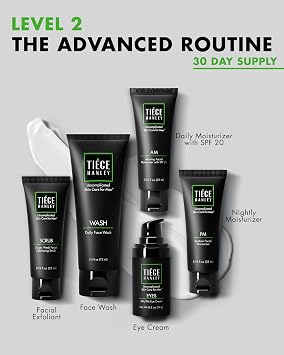 Tiege Hanley Skin Care Set for Men, Advanced Routine, System Level 2, Daily Face Wash, Facial Scrub, Two Moisturizers, and Eye Cream for Healthy, Hydrated Skin, Mens Skin Care, 5 Piece Kit
