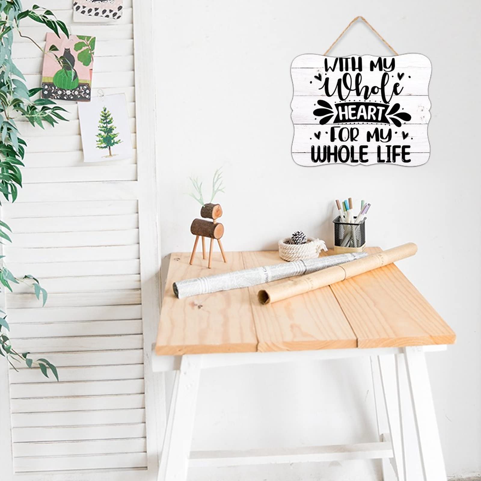 Targa decorativa da parete in legno bianco con scritta With My Whole Heart per la mia intera vita, stile rustico, 8 x 24 cm