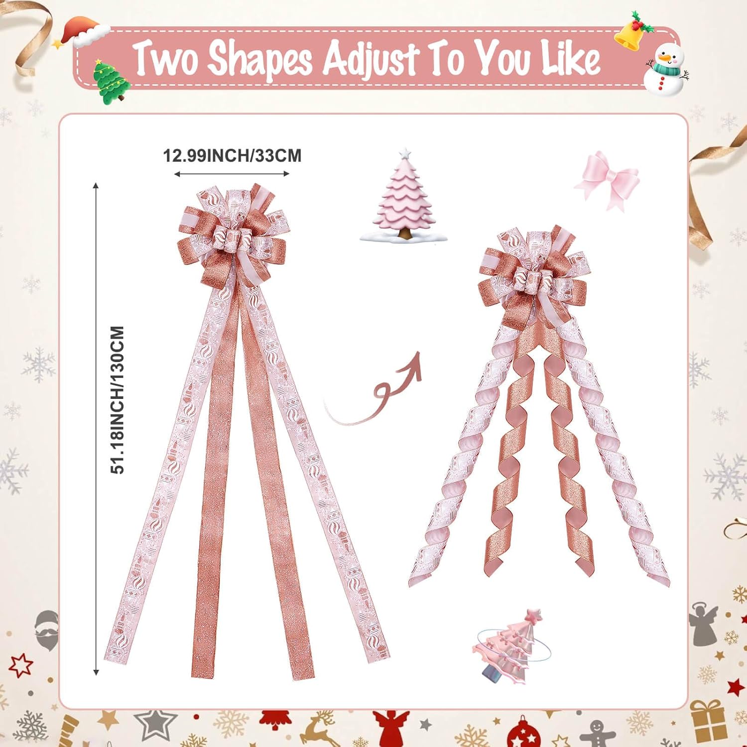 Dayker Christmas Tree Topper Bow, 51x13 Inches Large Champagne Pink Christmas Wreath Bows, Xmas Ribbon Ornaments with Wired Edge, Long Streamer Decor for Home Birthday Wedding Wall Backdrop Party - Image 2