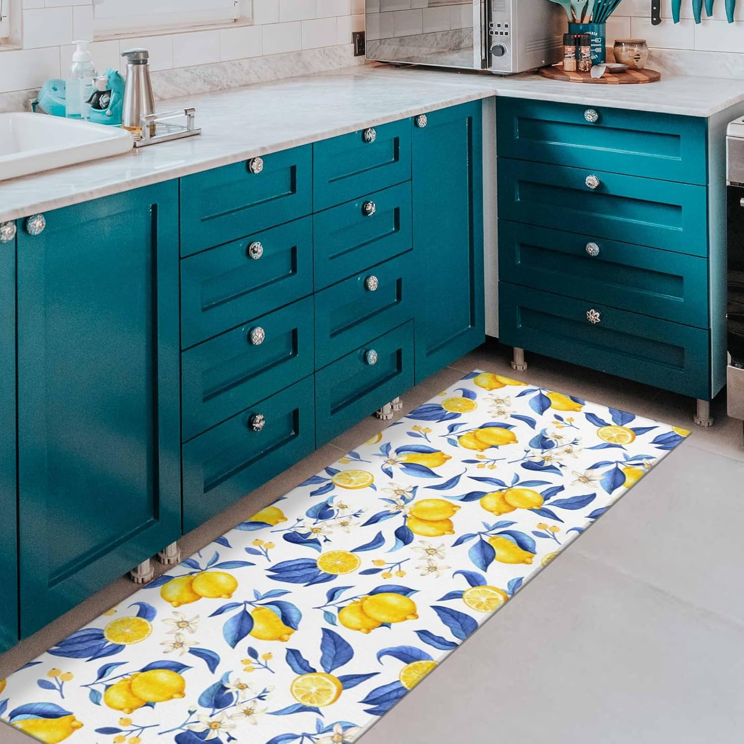 Lemon Kitchen Rugs and Mats Set of 2, Blue and Yellow Lemon Summer Farmhouse Non-Skid Washable for Kitchen Floor Sink Mats Decor and Accessories 17"x30"+17"x47"